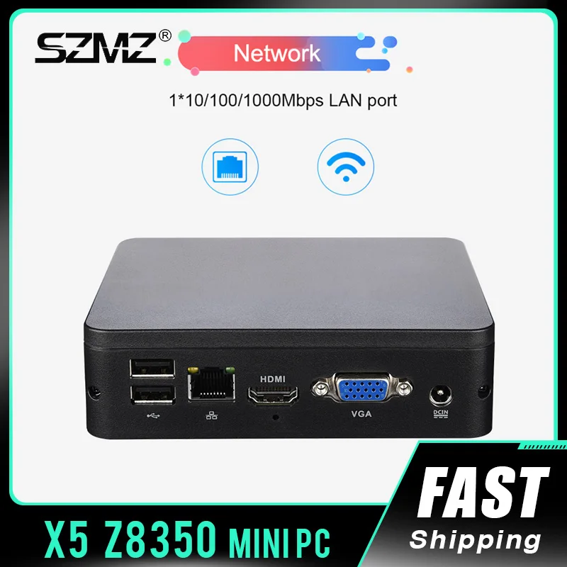 SZMZ MINI PC X5 Z8350 1.92GHz 4GB RAM 32GB SSD Wnidows 10 Linux Support 2.5 Inch HDD, VGA&HDMI Dual Output, WIN10 TV BOX