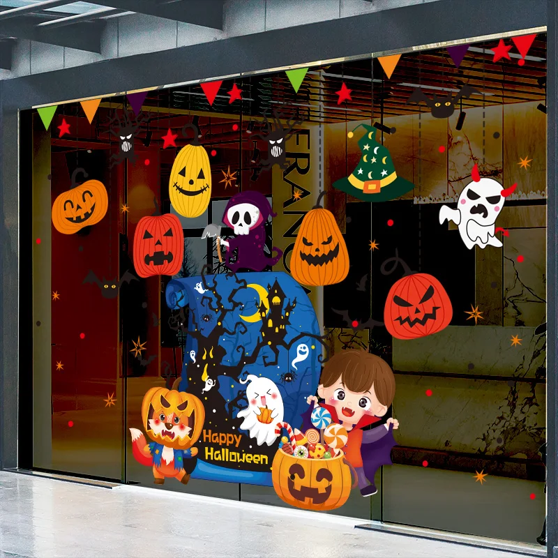 Halloween Glass Stickers DIY Pumpkins Trees Children Bats Wall Decals for Living Room Nursery Festival Window Home Decoration |