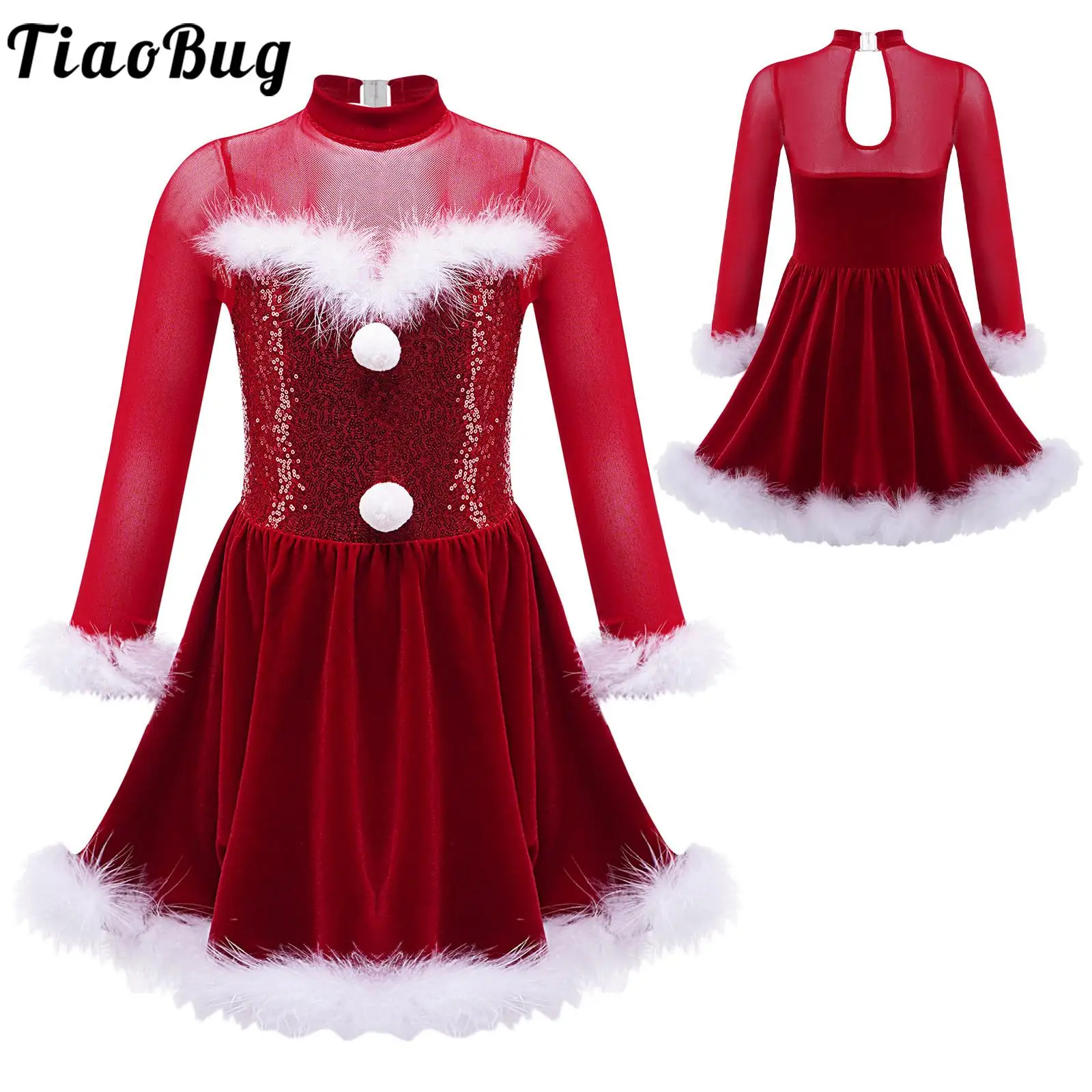 

Tiaobug Kids Girls 6-16 Christmas Shiny Sequins Long Sleeve Velvet Dance Dress with Fluffy Feather Keyhole Back Jumpsuit Dresses