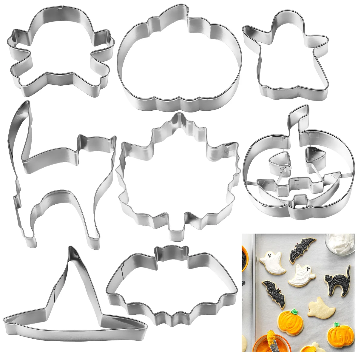 

8Pcs Cookie Set- Pumpkin, Bat,, Witch Hat, Cat, Leaf, Metal Stainless Steel Fondant Biscuit, Party Trick or Treat Supplies