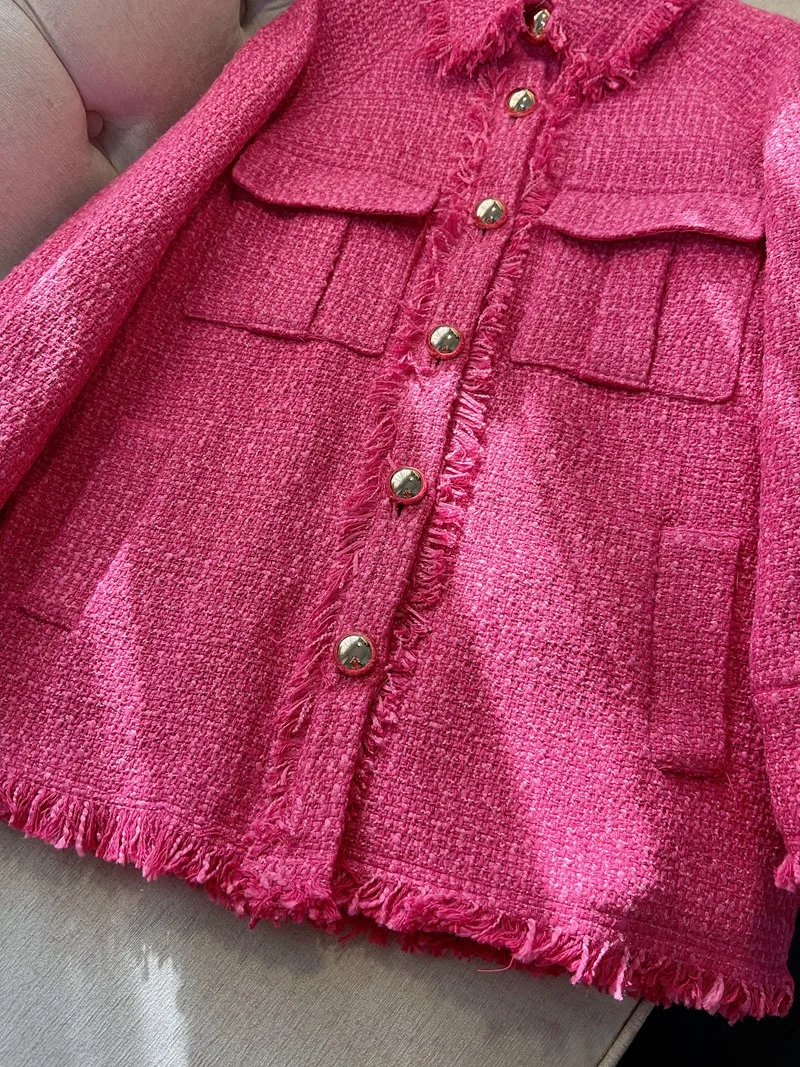 Женское винтажное пальто Lingzhiwusis розово-красное твидовое свободное повседневное