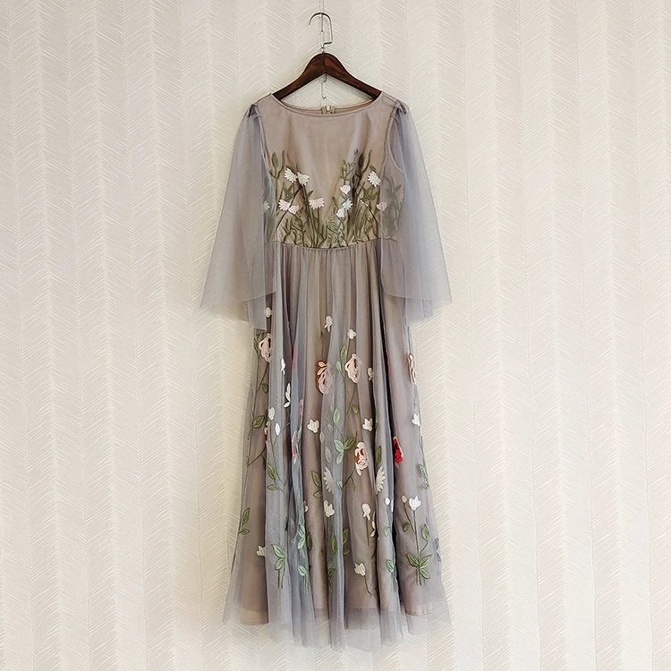 

Flare Sleeve Mesh Flower Embroidery Women Ball Gown Dress Summer Grey Color High Quality Maxi Party Dresses