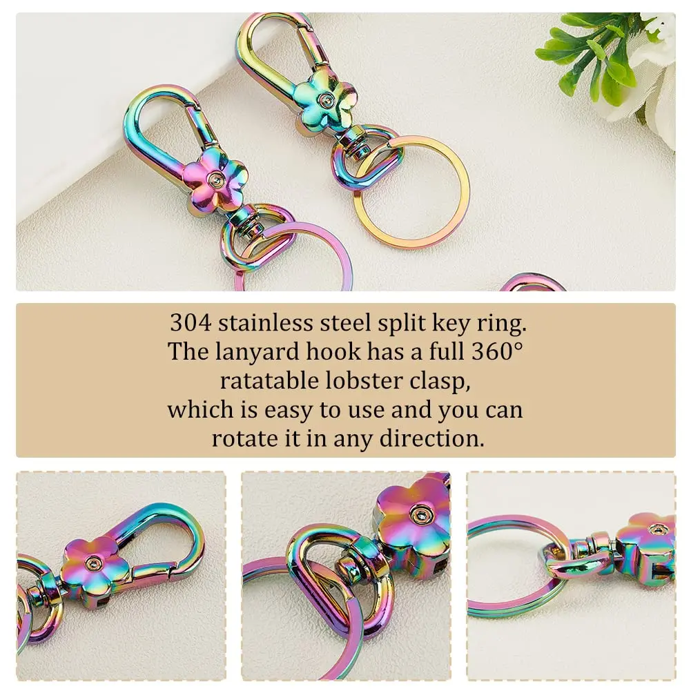 5Pcs/set Rainbow Swivel Clasps Set Alloy Trigger Snap Hooks Flower Lanyard Keychain Hook With Round Split Key Rings Keychain Bag