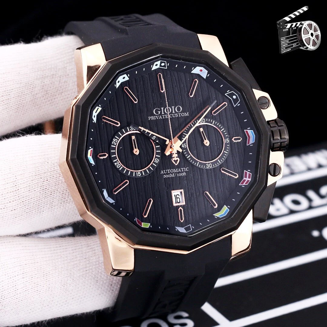 

Men Black Rubber Quartz Chronograph Rose Gold Grey Sport Watch