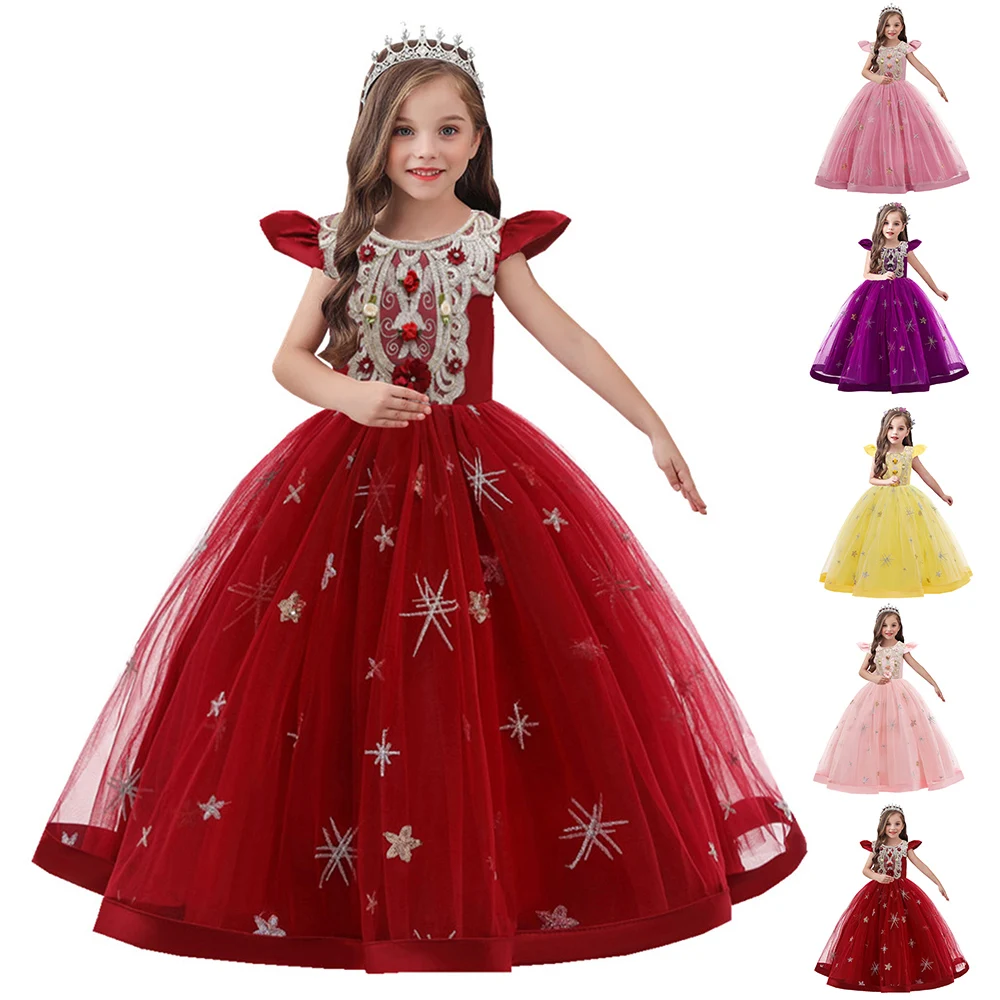 

LAPA 3 to 12 Years Girls Dinner Dress Autumn Spring Ball Gown Dress Crew Neck Festival Floral Petal Sleeve Girls Princess Dress