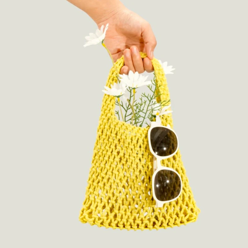 

New Cotton Thread Knitted Women Handbags Ladies Net Hollow Out Mini Tote Bag Women Woven Shoulder Bag Beach Bag Sets Fashion Ins