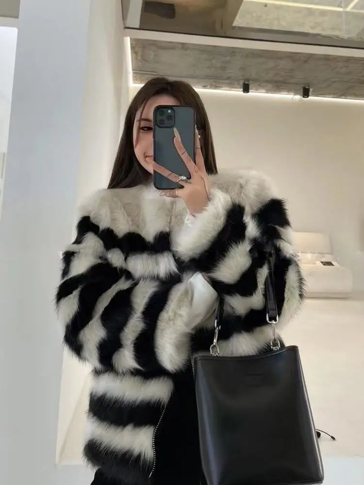 Imitation Fox Fur Coat for Women Mid Length Black White Stripes Loose Fashion Jackets Trend Thick Warm Fur Outerwear Winter 2023