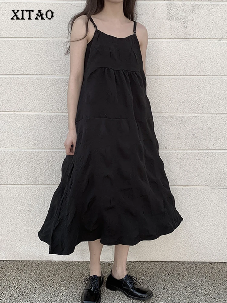 

XITAO Solid Slip Dress Women Korea 2022 Summer New Arrival Personality Fashion Loose O-neck Sleeveless Mid-calf Dress WLD7956