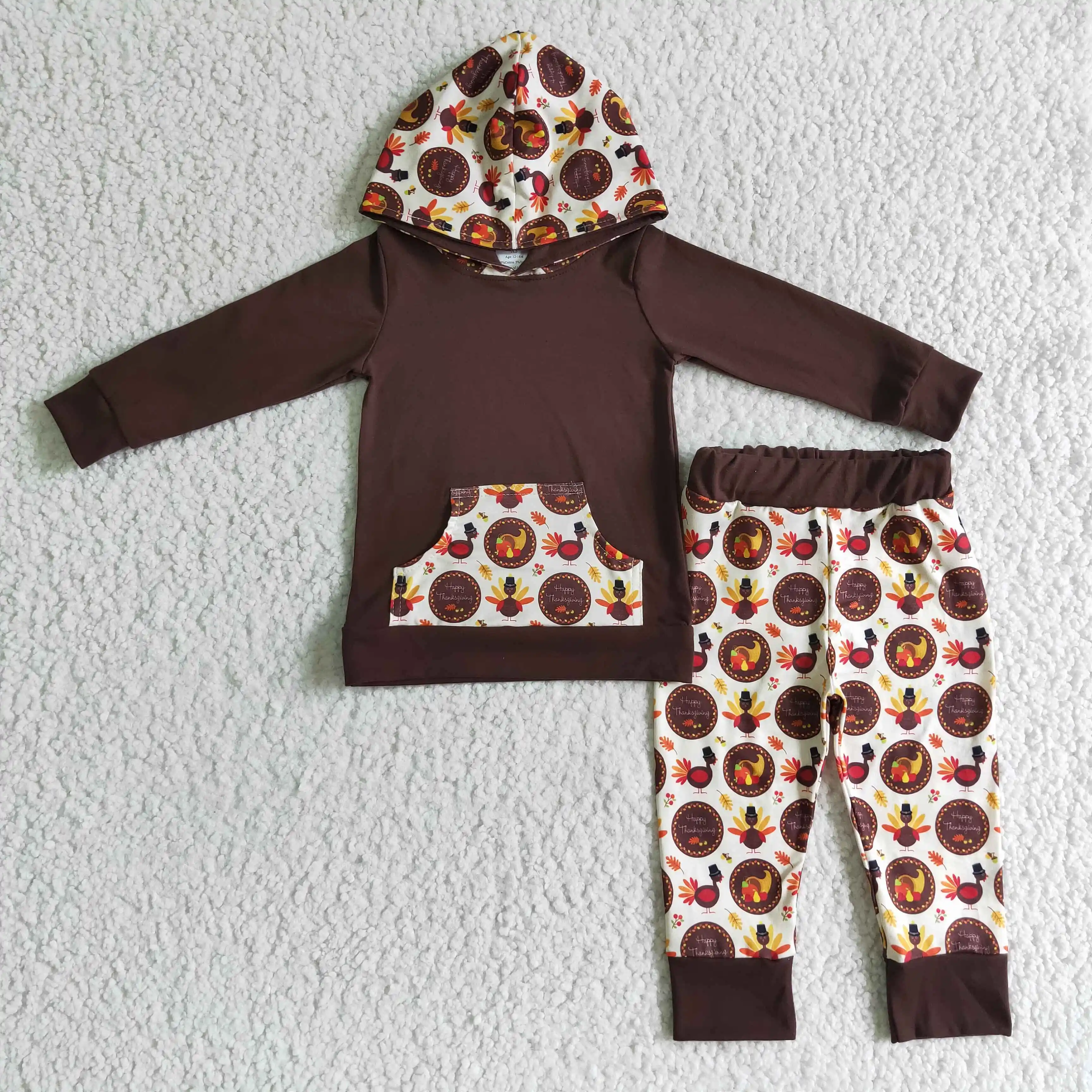 

Factory Direct Sale RTS Baby Thanksgiving Turkey Apparels Little Boys Hoodie Set ​Kids Toddler Brown Outfits