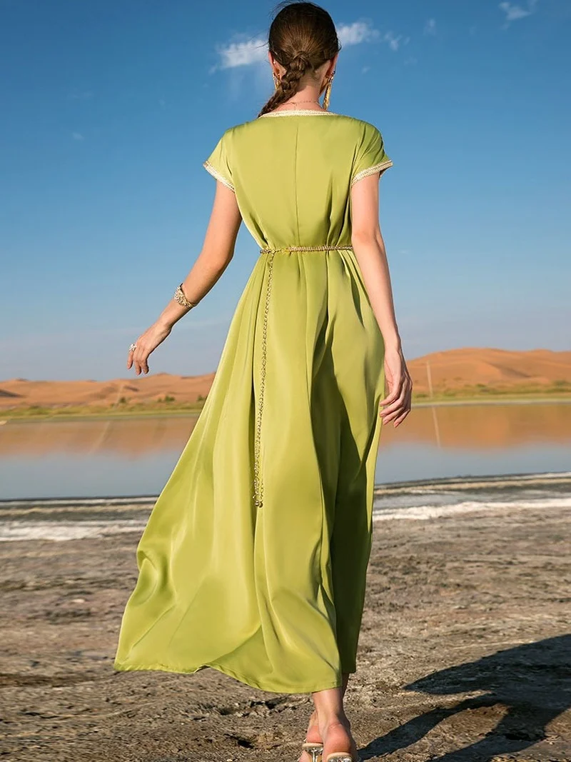 Party Long Dress Moroccan Embroidered Kaftan Women Handsewn Satin Gulf Jalabiya Arabic Evening Gown Muslim Dubai  Belted Abaya
