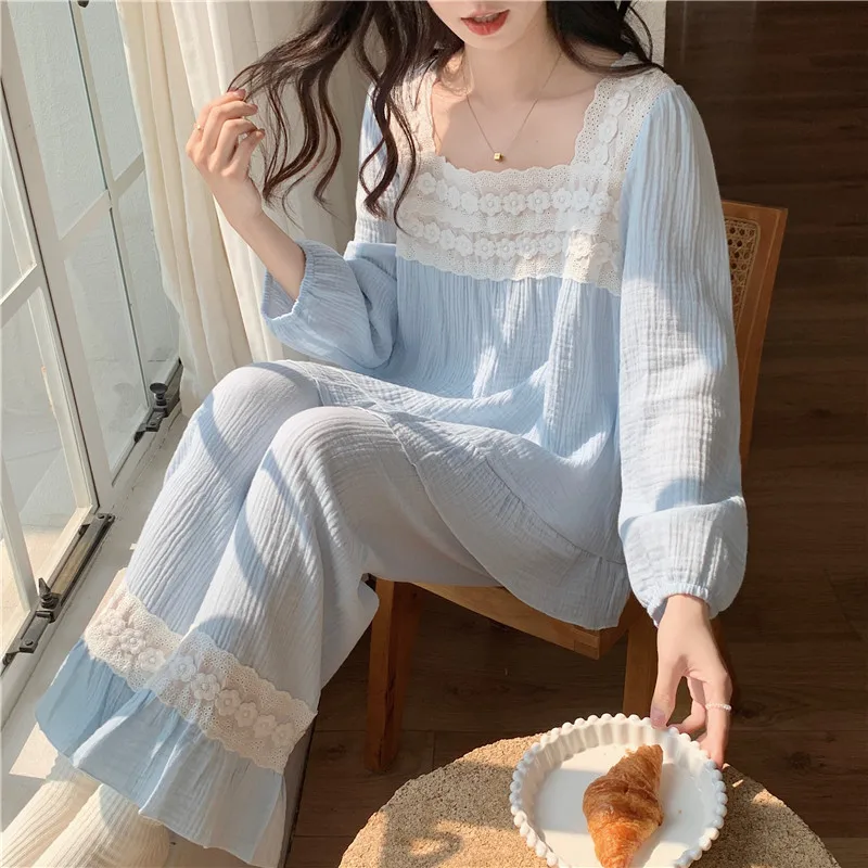 

Lace Crochet Square Collar Shirts + Trousers Suit Cotton Korean Sleepwear Sweet Autumn Pajamas Set Florals Ruffles Home Suit