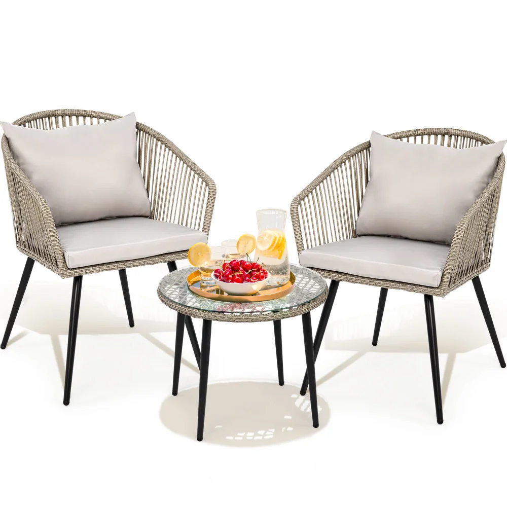 

3-Piece Outdoor Patio Furniture Wicker Bistro Set, AConversation Chairs and Deck with Soft Cushions, Glass Side Table Gray