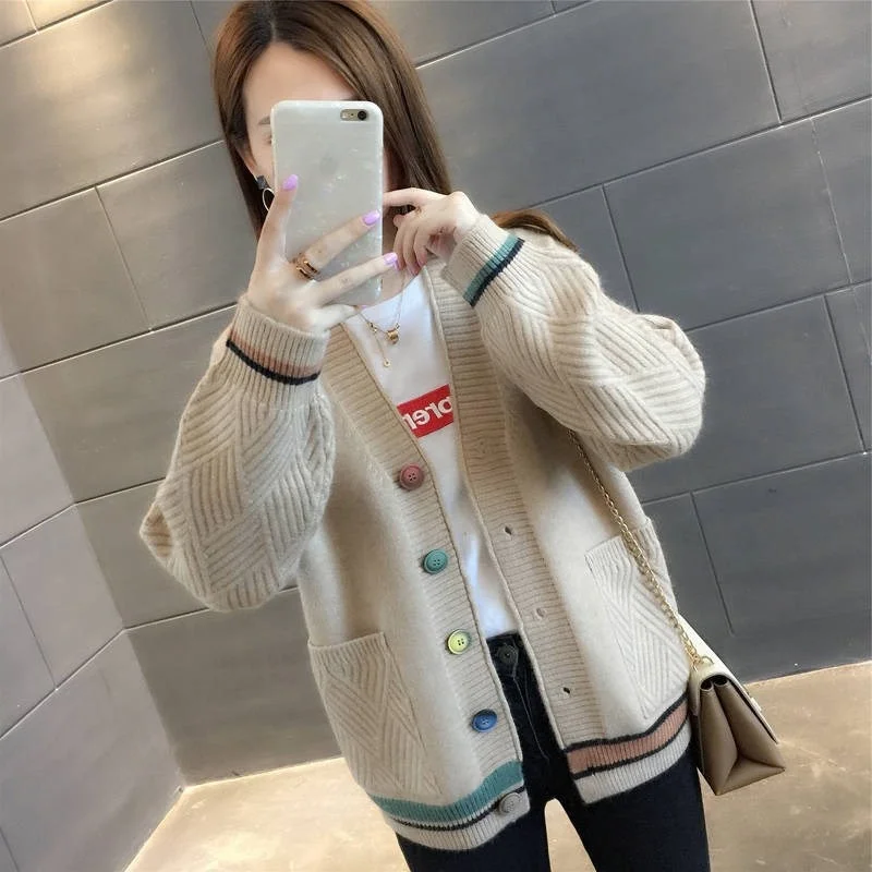 

Autumn Spring Fashion Patchwork Long Sleeve V-Neck Knitted Sweater Women Tops 6 Color Loose Big Pocket Knitting Cardigan Female