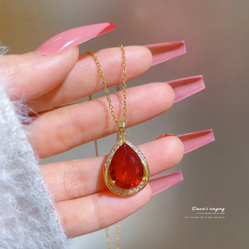 

CDJAIME Plated Gold Necklace For Women 2022 Trendy Water Drop Design Red Zircon Pendant Necklace Fine Jewelry Gifts Accessories