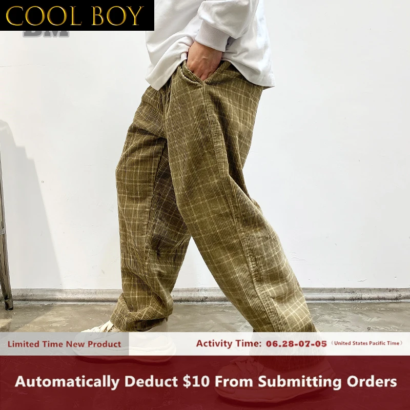 J BOYS Boutique American Fashion Streetwear Loose Corduroy Checkered Trousers Men Clothing Japanese Harajuku Trendy Straight Cas
