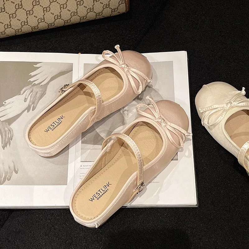 Мюли женские с бантом-бабочкой удобные тапочки на плоской подошве сланцы модные