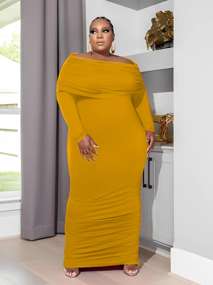 Plus-size women's dress knitted one-neck draw-pleated long dress womens plus size summer dresses
