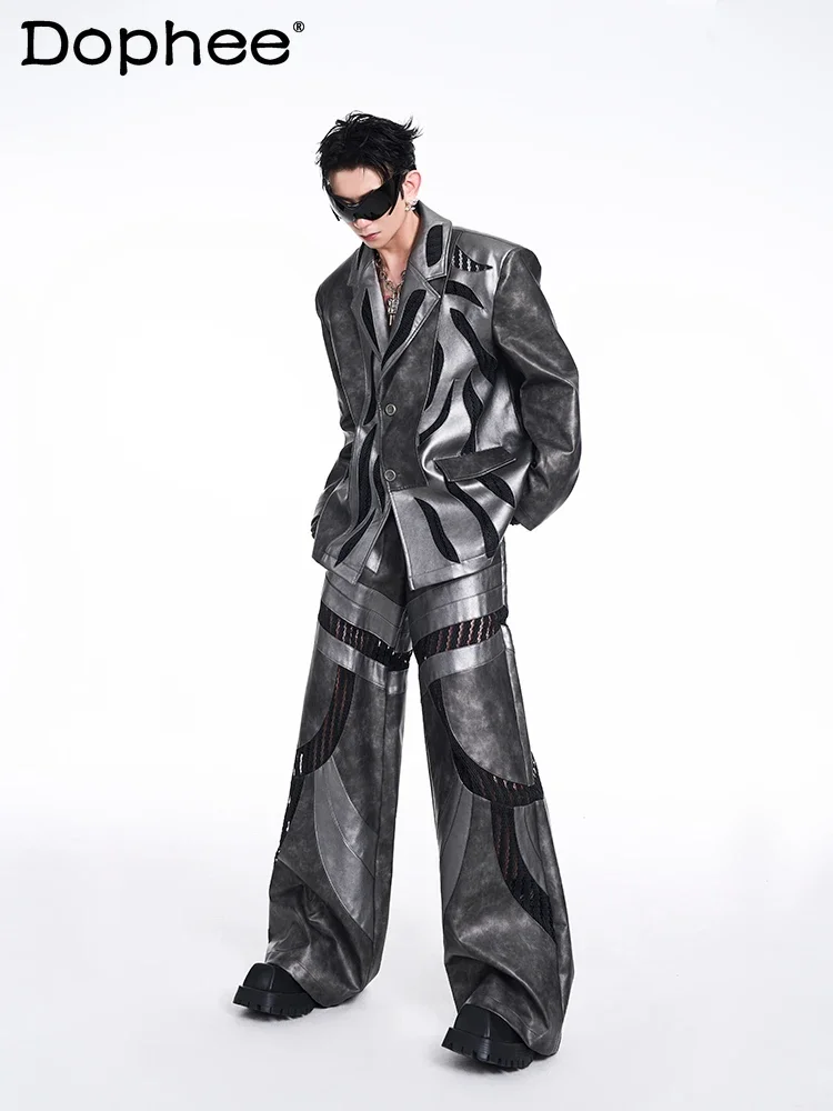 Модные сетчатые кожаные куртки с вырезами мужские комплекты осень-зима 2024 модная