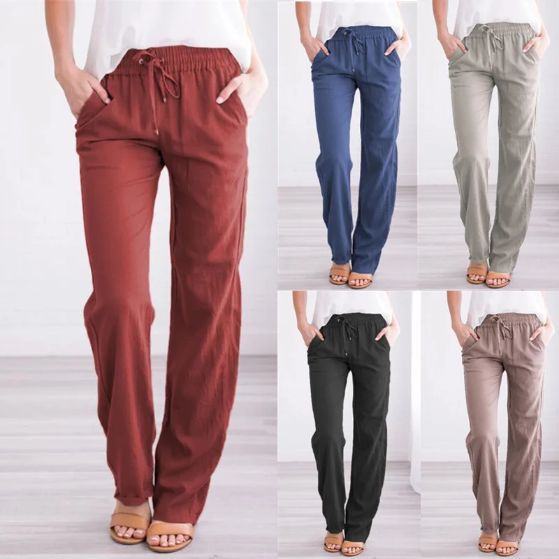 Cotton Linen Loose Drawstring Women's Pants Wide-Leg High Waist Trousers Women Korean Solid Pocket Female Stretch Straight Pants