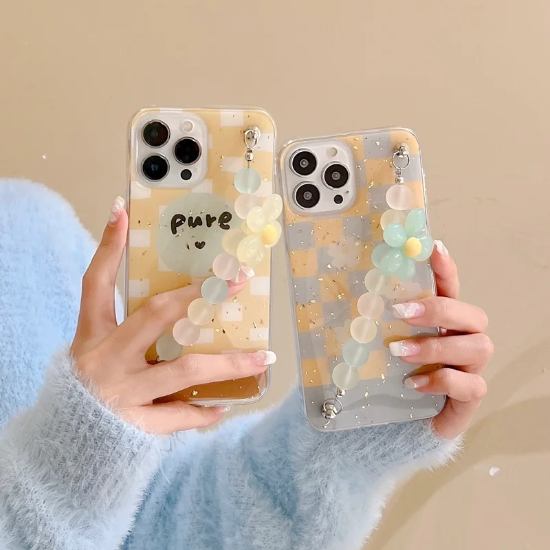 

Checkerboard Anti-Drop Case for IPhone 11 13 Phone Case with Handmade Wrist Strap Lanyard for IPhone 13 12 11 Pro Max Phone Case