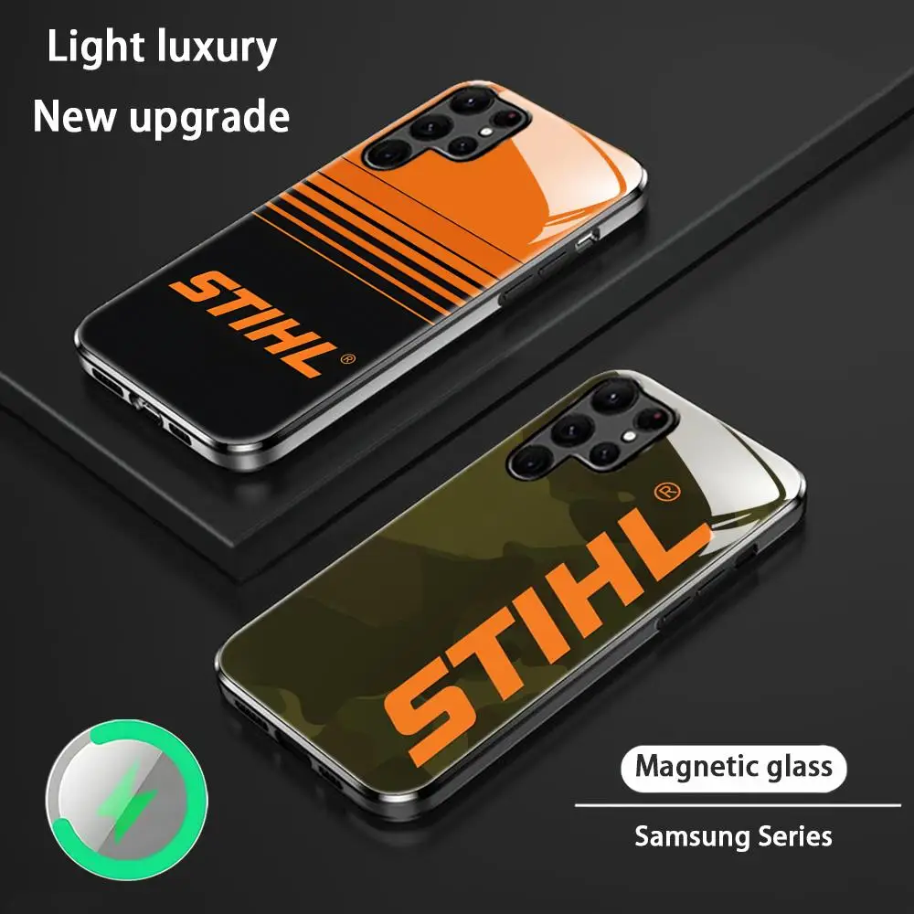 Фото Брендовый чехол для телефона S-STIHL LOGO Cool Tool для Samsung S25 S24 S23 S22 S21 S20 Plus Ultra Note20, стеклянный магнитный чехол №1