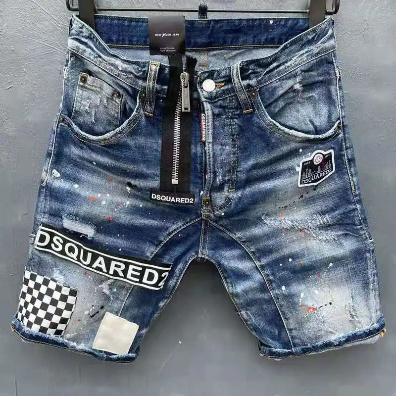 Мужские синие джинсовые шорты бренда DSQUARED2 летние прямые с дырками джинсы