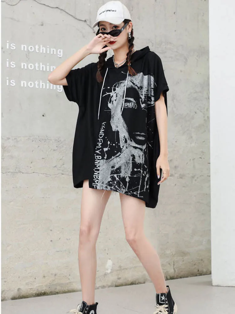 Футболка женская свободного покроя с капюшоном коротким рукавом - купить по