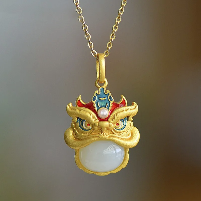 Ожерелье с подвеской в виде льва из белого натурального нефрита дизайнерское