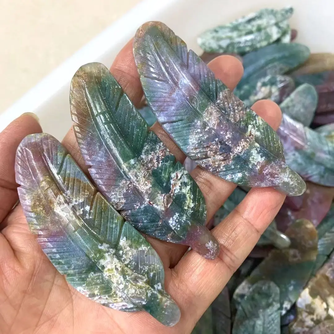 

10pcs 8.5cm Natural Ocean Jasper Crystals Feather Carving Quartz Healing Stone Reiki Crafts Gemstone Pendant Gift Ornament