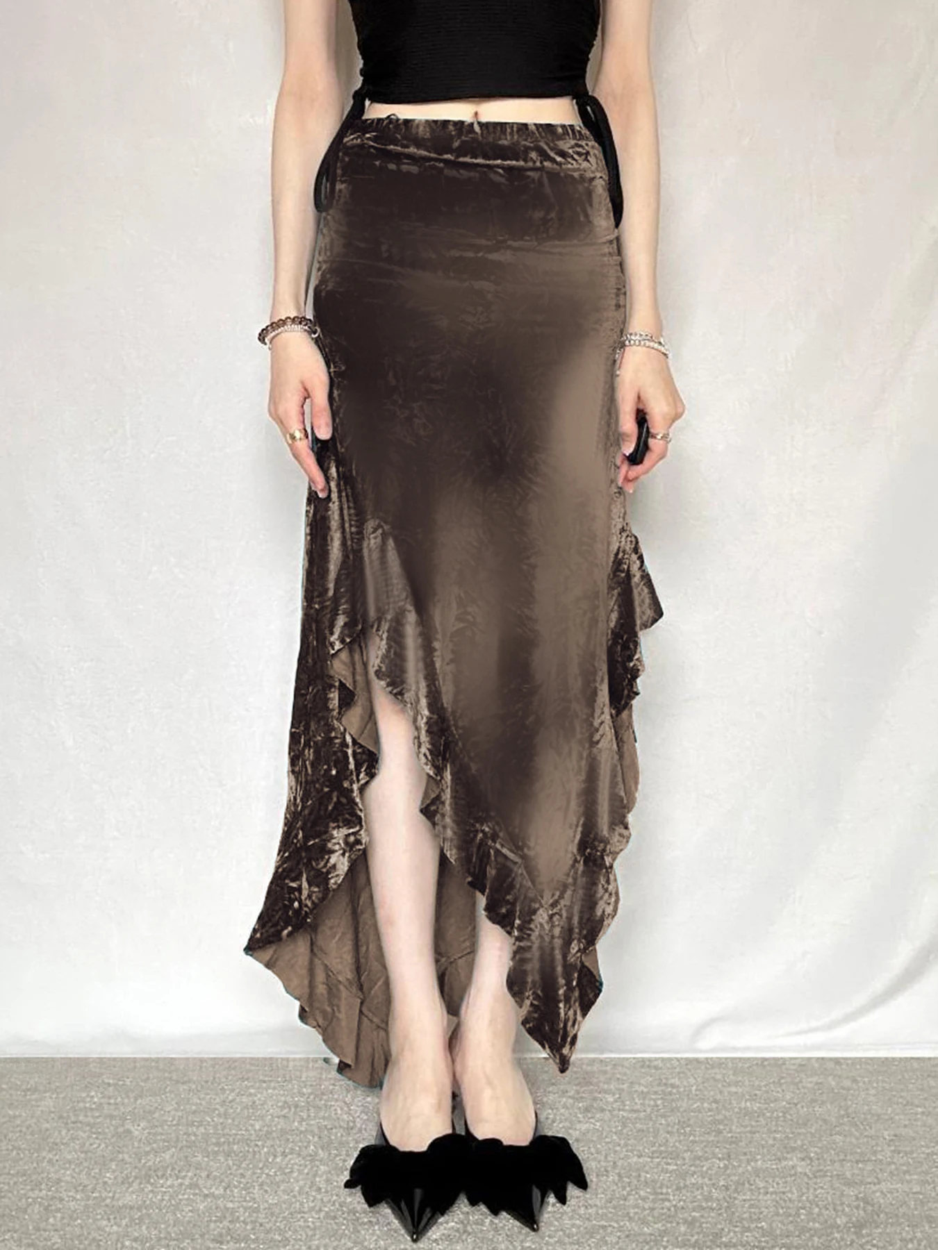 Weekeep Коричневая бархатная длинная юбка с разрезом Элегантные винтажные