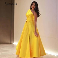 sumnus yellow one shoulder satin evening dress side slit pleats floor length a line prom dresses formal saudi arabic party gowns