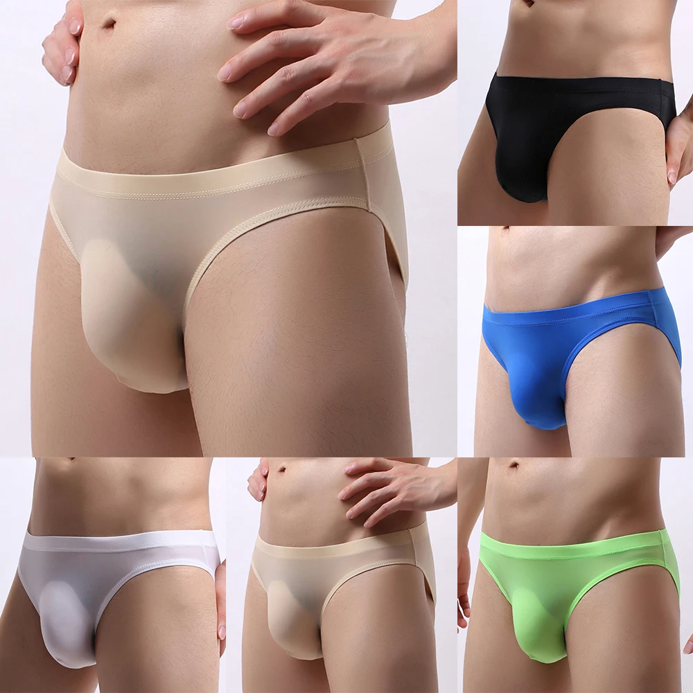 

Sexy Underwear Men Briefs Shorts Thin Ice Silk Low Waist Panties Solid U Convex Pouch Seamless Underpants SeeThrough Briefs