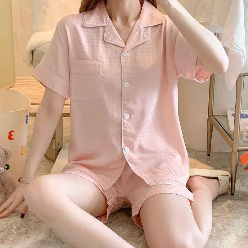 

2PCS Sexy Notched Women Pajamas Sets Short Sleeve Shirts&Shorts Pyjamas Suit Rayon Sleepwear M-XXL Nightwear Casual Home Clothes