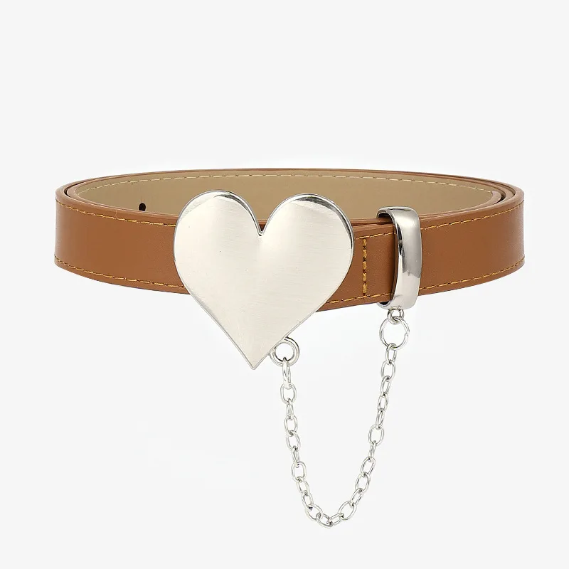 ZLY 2022 New Fashion Belt Women Men PU Leather Quality Heart Metal Alloy Buckle Chains Decoration Jeans Casual Style Solid Belt