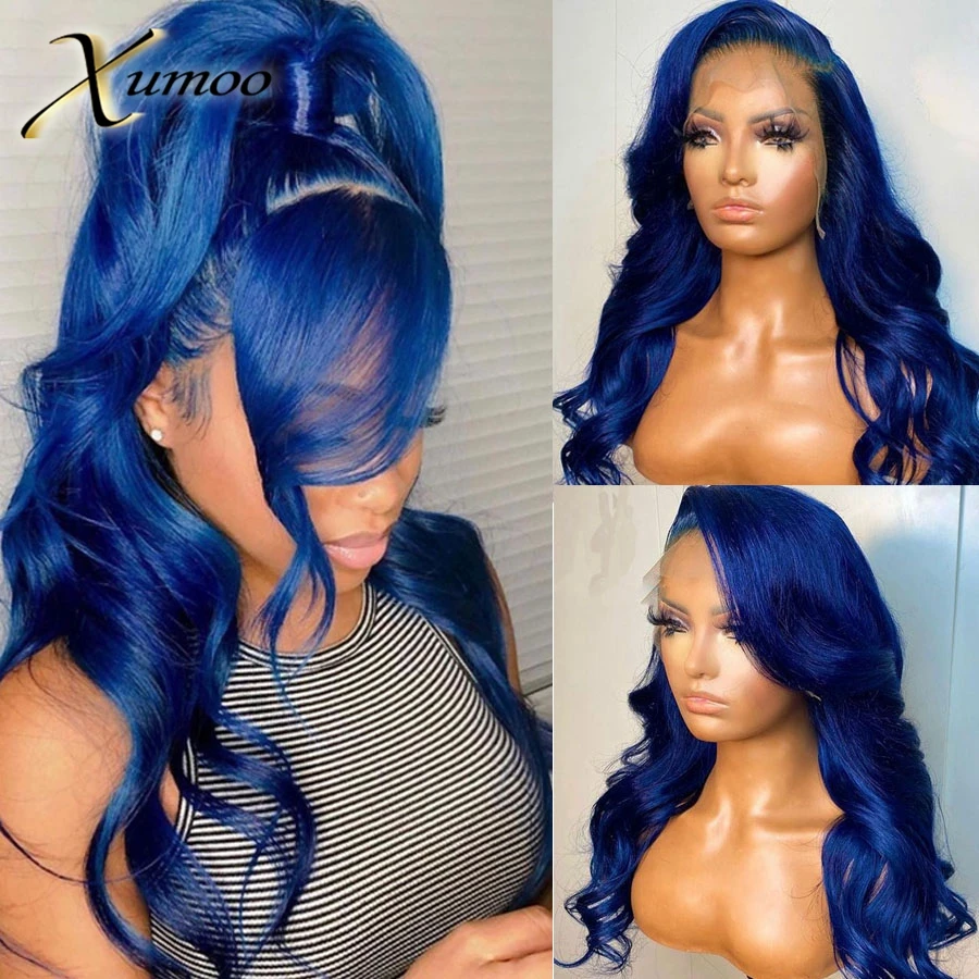 XUMOO Blue Colored 13×4 Lace Front Wigs For Women Pre-Plucked Transparent Lace Brazilian Remy Human Hair Gluelss Wig Preplucked