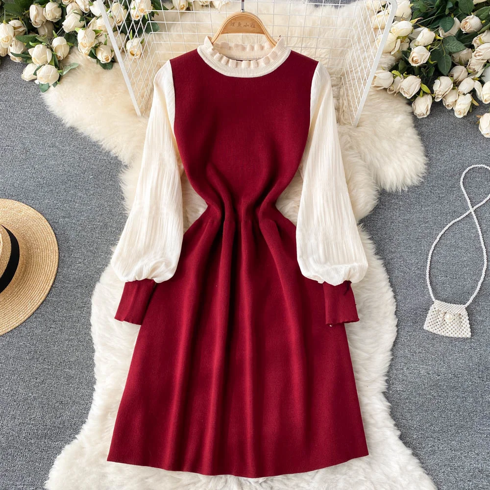 

Женское шифоновое вязаное платье в стиле пэчворк с длинным рукавом, новинка 2022, весенне-осеннее облегающее повседневное женское Короткое п...