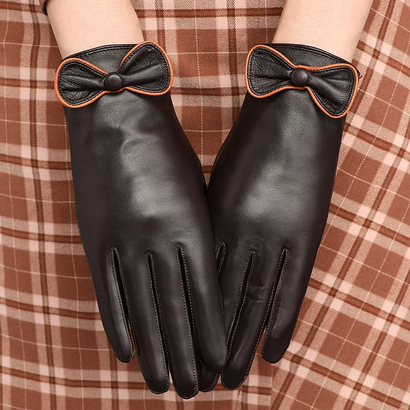 2022 New Fashion Thick Female Winter Real Durable Lambskin Sheepskin Leather Gloves Women For bow