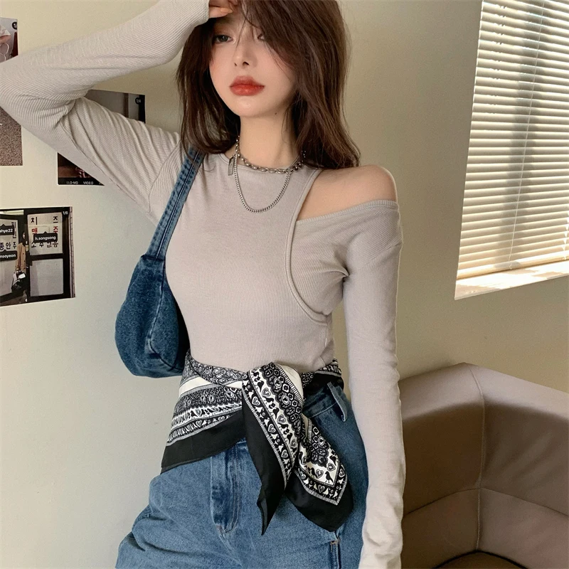 

Осенне-зимняя Корейская Повседневная облегающая пикантная теплая футболка, Женская бархатная однотонная Футболка Harajuku с длинным рукавом, женский серый топ y2k