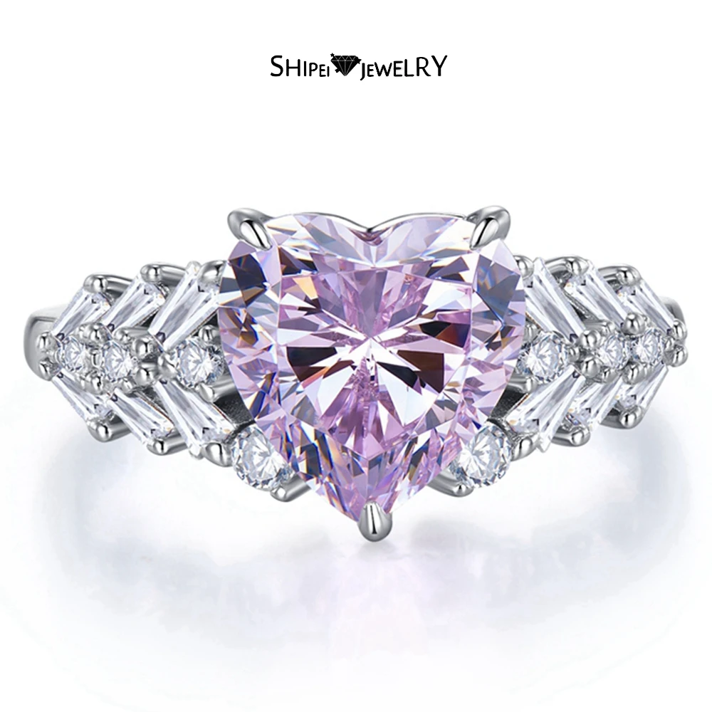 

Shipei 925 Sterling Silver Heart 10*10MM Pink Sapphire High Carbon Diamond Gemstone 18K Gold Plated Engagement Ring Fine Jewelry