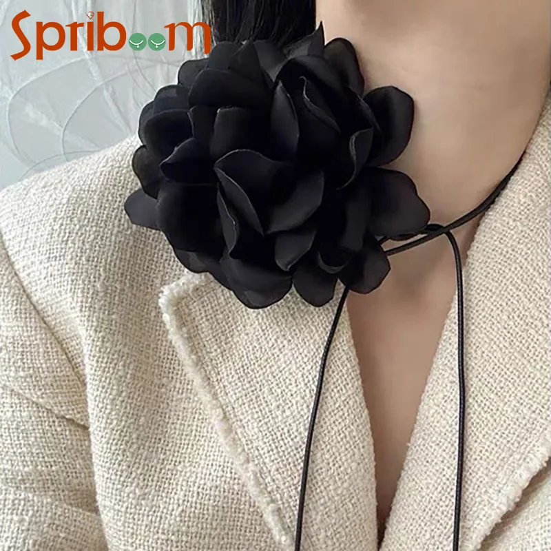 

Vintage Flower Chocker Necklace for Women White Black Big Flowers Neck Chain Strappy Female Jewelry Party Accessories