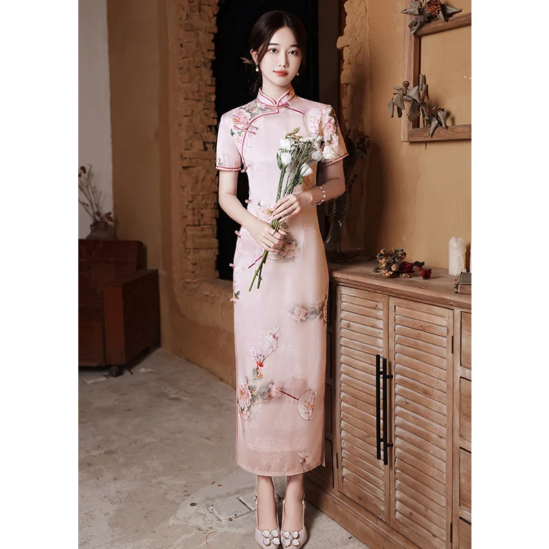 

Pink Cheongsam 2022 New Summer Young Girl Improved Temperament Old Shanghai Long
