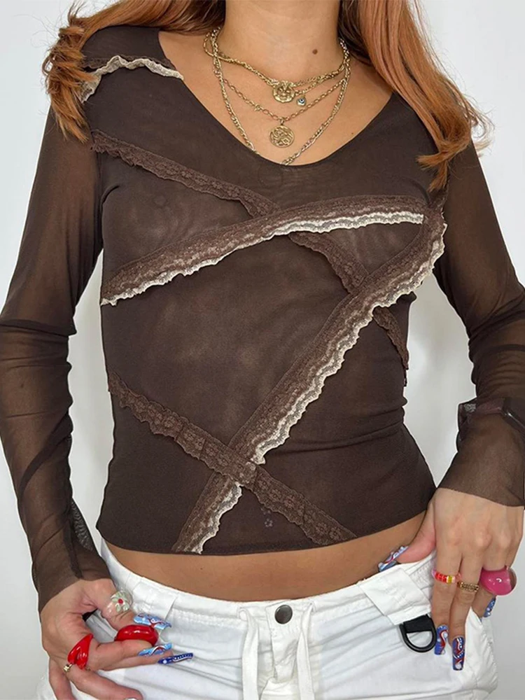 

Женская Сетчатая футболка в стиле ретро ASTS85611, коричневая облегающая футболка с длинным рукавом и кружевом, элегантная уличная одежда в стиле ретро