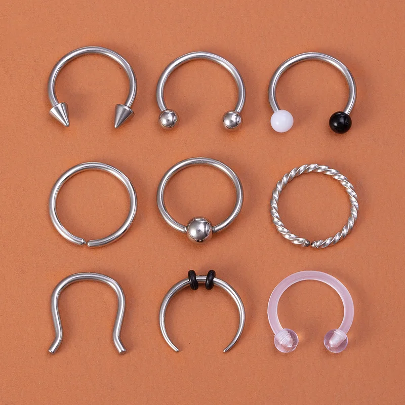 

9pcs Hoop Nose Ring Septum Piercing Set Silver Color Surgical Steel Cartilage Earring Tragus Helix Circular BCR Ear Body Jewelry