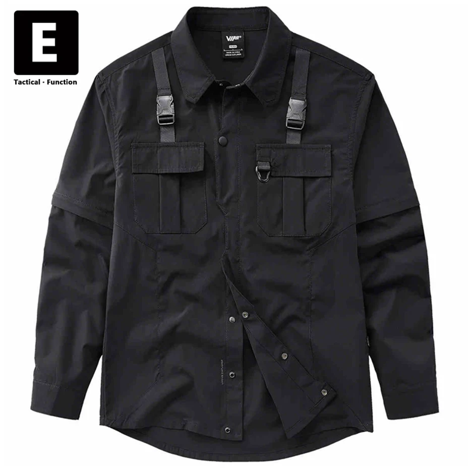 Black Cargo Shirt Men Spring Autumn Long Sleeve Shirts Hip Hop Streetwear Techwear Shirts Removable Sleeves Design Tactical Male