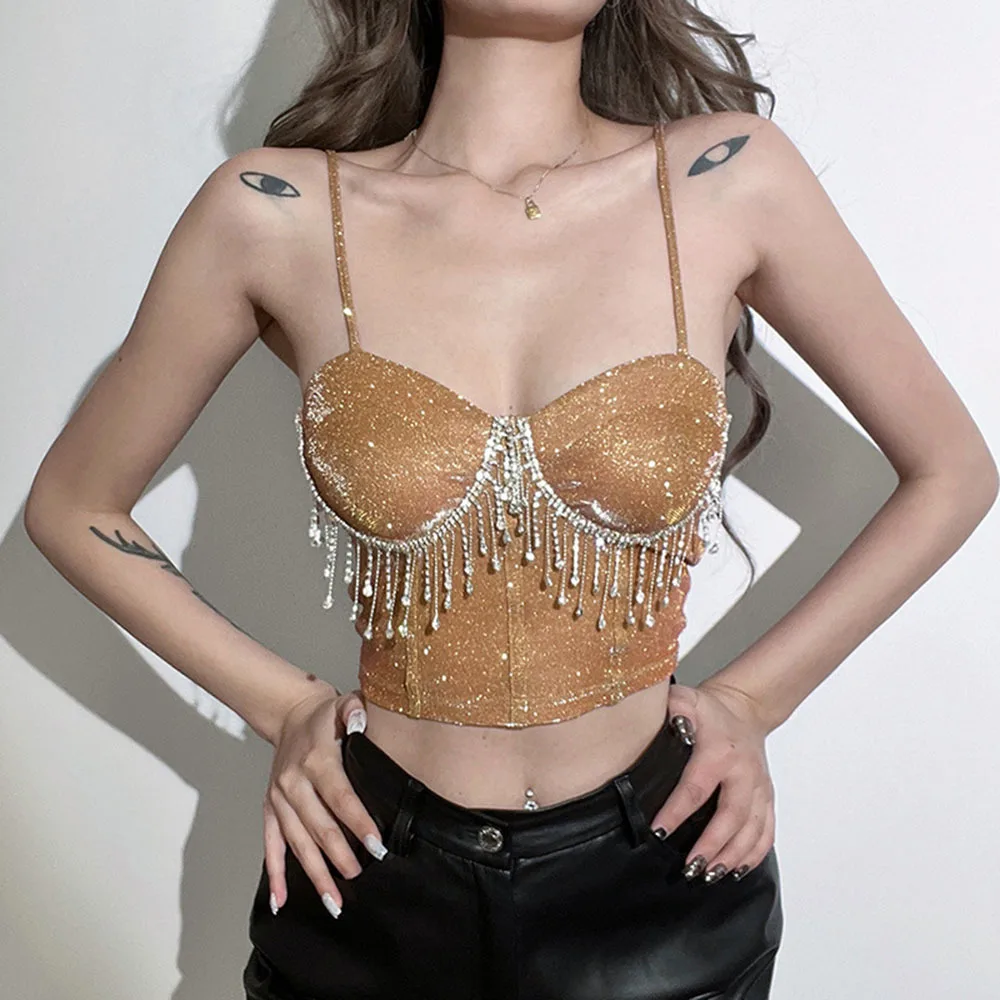 

2022 New Women Camisole Top Diamond Crystal Tassels Solid Color Sexy Cropped Top Push Up Bustier Bra Night Club Party Tank Top