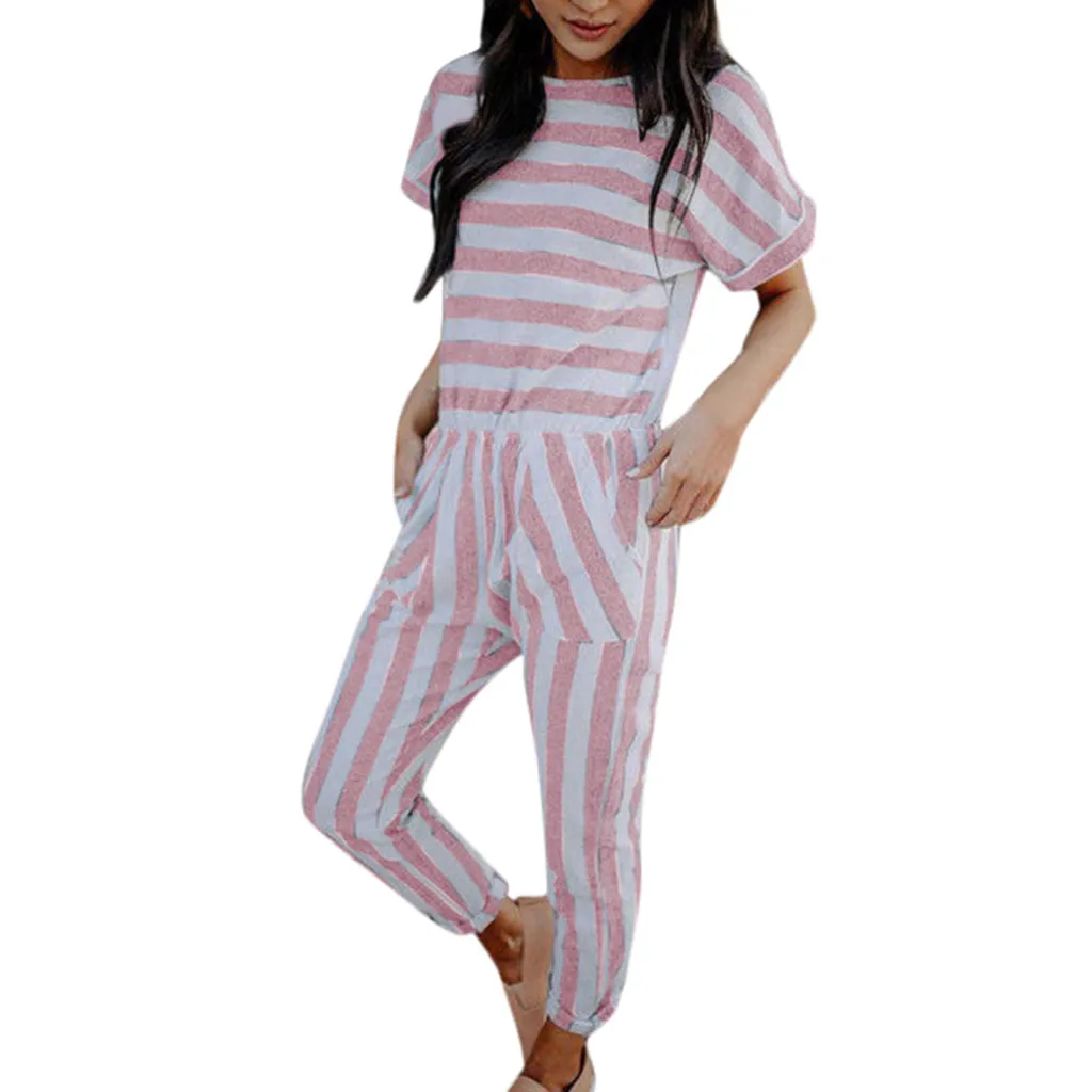 

Женский модный повседневный комбинезон в полоску с коротким рукавом и круглым вырезом, длинный комбинезон-бандо, женский спортивный кардиг...