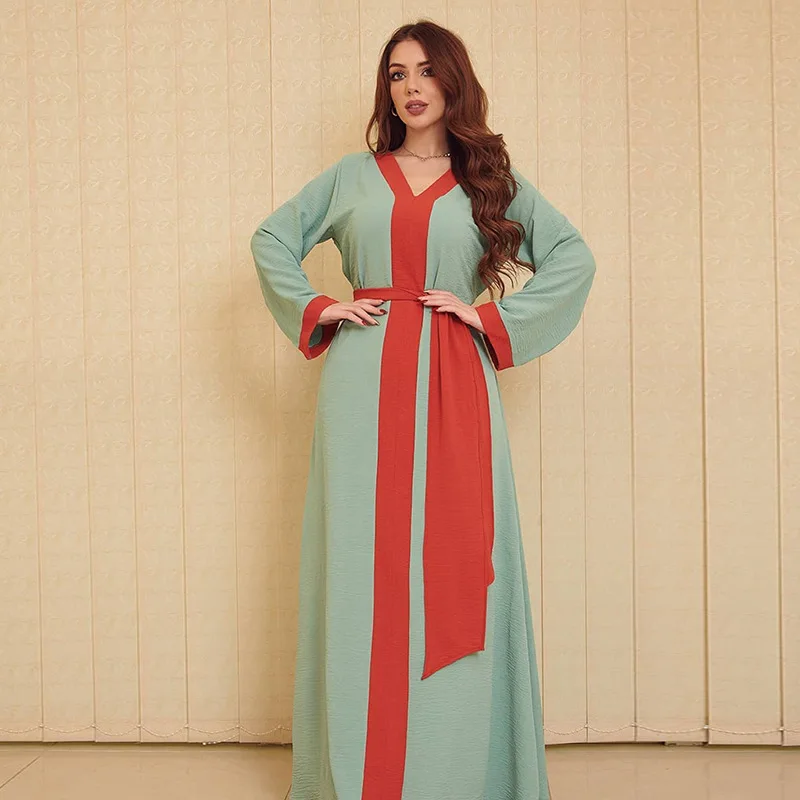 Wepbel Middle East Dubai Abaya Ramadan Maxi Muslim Dress for Women Islamic Clothing Colorblock Robe Muslim Belt Dress Caftan