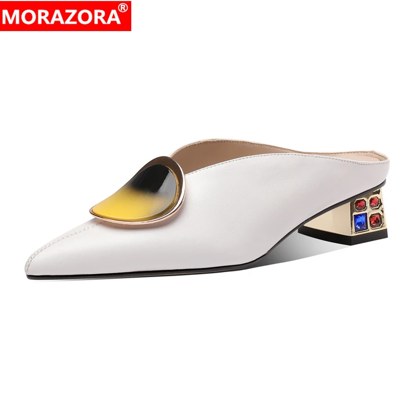 

MORAZORA Plus Size 34-42 Genuine Leather Shoes Women Sandals Fashion Low Heels Women Mules Pointed Toe Slingback Party Shoes