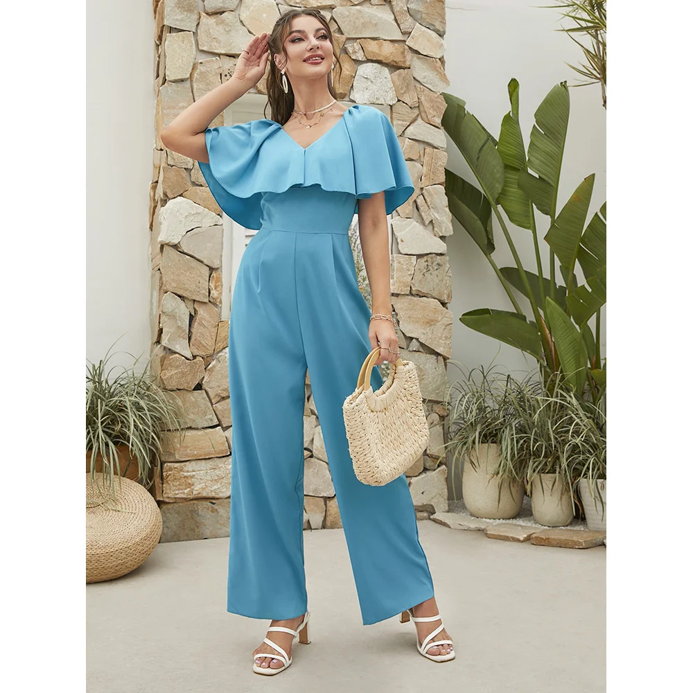 

Женские комбинезоны 2022, комбинезон с оборками, новый приталенный Однотонный женский комбинезон с V-образным вырезом