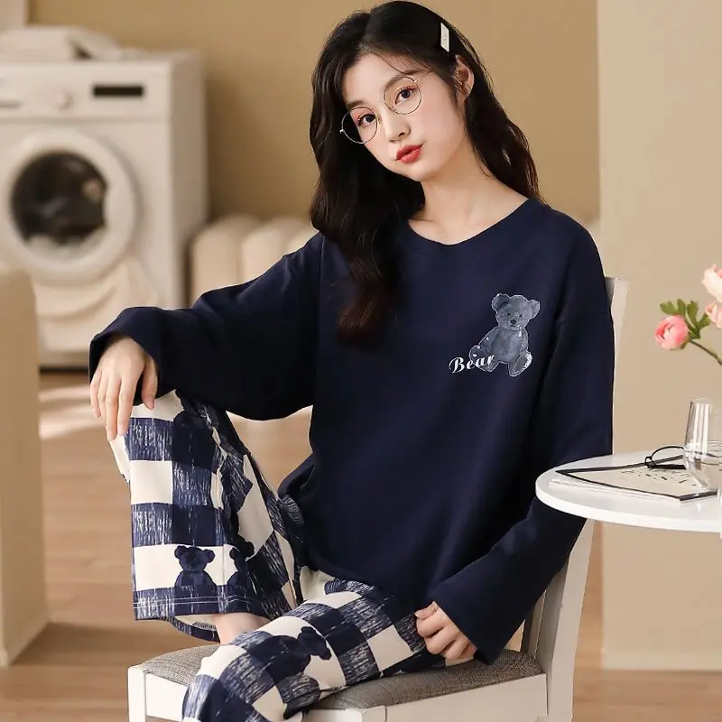 New spring and autumn pajamas women's cotton long-sleeved suit cute cartoon wearing casual student home clothes two-piece.